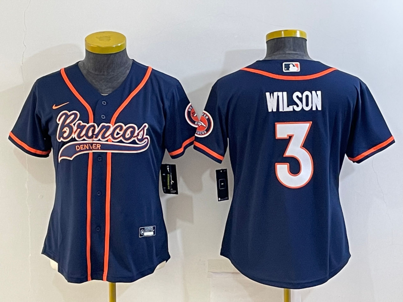 Women's Navy Denver Broncos #3 Russell Wilson With Patch Cool Base Stitched Baseball Jersey(Run Small)